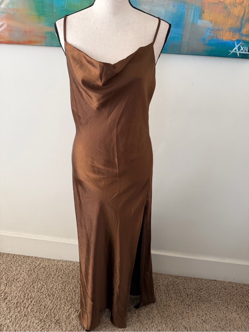 12th Tribe NWT Milk Chocolate Brown Satin Cowl Neck Maxi Slip Dress S